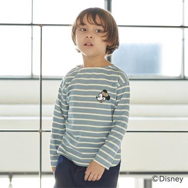 【型崩れしないやわらかコットン】【Disney】【MICKEYMOUSE】BonjourプリントボーダーボートネックTシャツ
