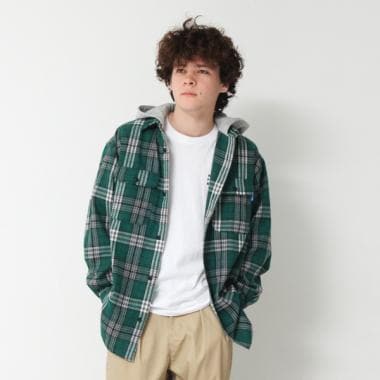 フード付きチェックシャツ