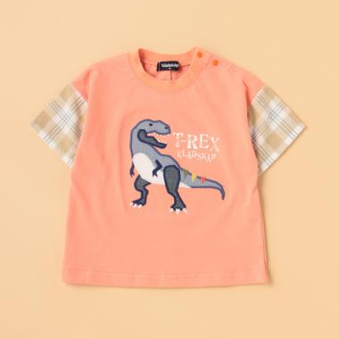 恐竜アップリケ袖チェック半袖Tシャツ