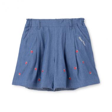 【人気商品再入荷】【直営店で取り扱い無し】デニム・ギンガム　イチゴ刺しゅうキュロットスカート