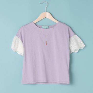 袖フリルレースTシャツ