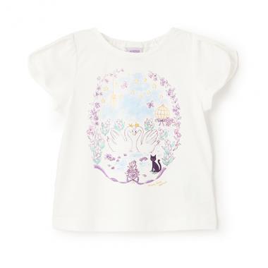 スワン花プリント半袖Tシャツ