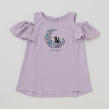 ★月猫刺しゅう　肩開き 半袖Tシャツ