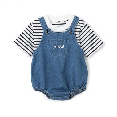 デニムサロペット+ボーダー半袖Tセット