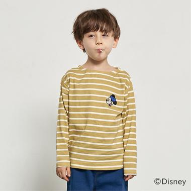 【型崩れしないやわらかコットン】【Disney】【MICKEYMOUSE】BonjourプリントボーダーボートネックTシャツ