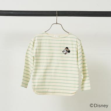 【型崩れしないやわらかコットン】【Disney】【MICKEYMOUSE】BonjourプリントボーダーボートネックTシャツ